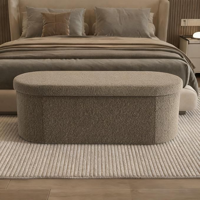 GLAXYFUR Oval Ottoman with Storage for Living Room, Sherpa Bench, Brown | 43.3 Inches Folding Chest, Foot Rest, End of Bed Bench for Bedroom, Hallway