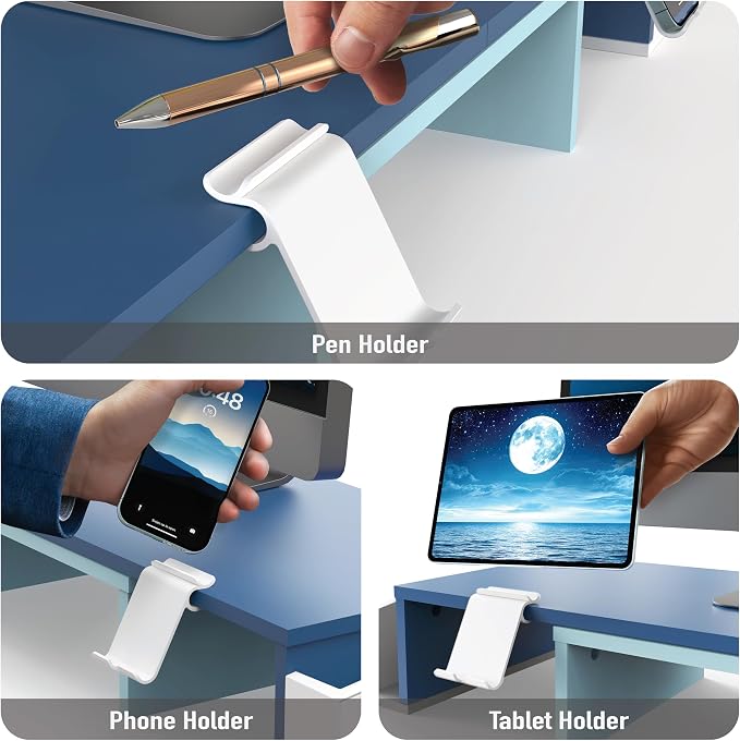 Simple Houseware Desk Dual Monitor Stand Riser with Drawer, Blue | Customizable Organizer Tray, Built-In Phone & Tablet Slot and Side Storage