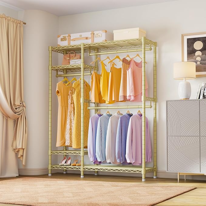 VIPEK V2 Heavy Duty Clothes Rack, Metal Closet Rack Organizer, Gold | Garment Racks with 4 Tiers Wire Shelving 3 Hanging Rods, Compact Freestanding Closet Metal Closet Rack, Max Load 700LBS