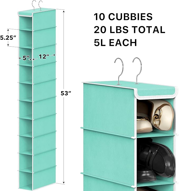 Simple Houseware 10 Shelves Closet Hanging Shoe Organizer, Turquoise | Dual Metal Hooks, Holds Up to 20 lbs, for Narrow Space