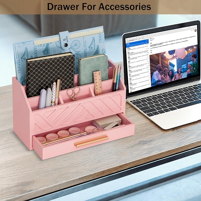 dreampossible Pink Wood Desk Organizer and Accessories with Drawer, Bill Mail Organizer and File Mail Holder for Office Supplies, Modern Desk Accessories & Workspace Organizers for Desk Organization