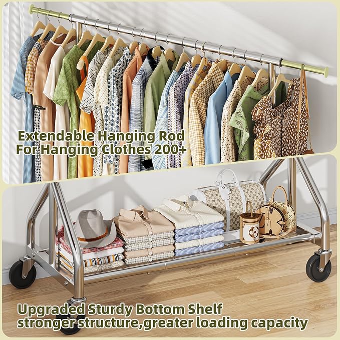 Simple Trending Heavy Duty Clothes Rack, Extendable Clothing Rack, Chrome | Double Rod Garment Rack, Freestanding Portable Closet, with Wheels & Shelf, Adjustable Middle Rod, for Bedroom, Laundry