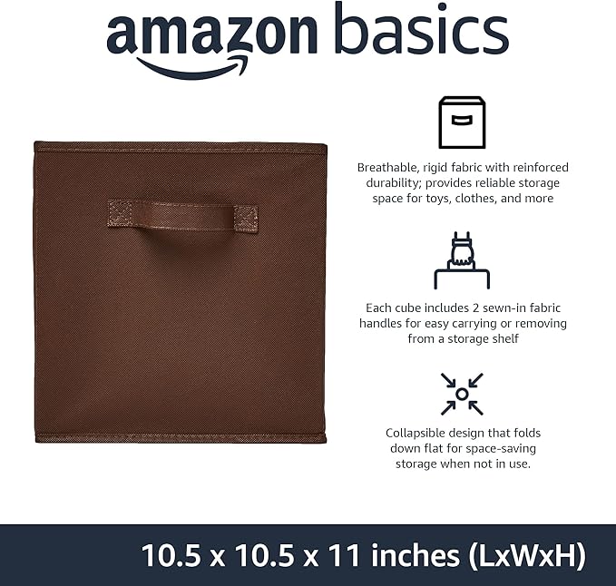 Amazon Basics Collapsible Fabric Storage Bins with Handles, Cube Organizer, Lightweight Fabric, 10.5"x10.5"x11", Brown, 6-Pack