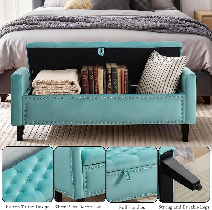 47in Velvet Storage Ottoman Bench with Arms, Upholstered Storage Bench with Wooden Legs, Storage Bench for Bedroom, Living Room, Entryway, Teal