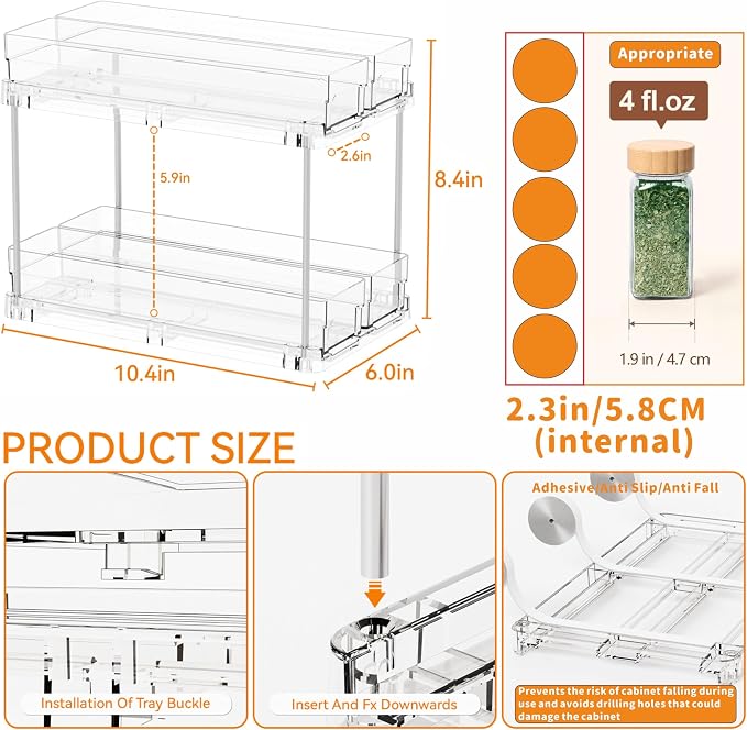 2 Tier Sliding Spice Racks for Cabinets,1 Pack 10.4'' Deep Narrow Vertical Spice Rack Pull Out for Inside Cabinets,Kitchen,Pantry,Cupboard Seasoning,Jar Organizer and Medicine Cabinet Storage