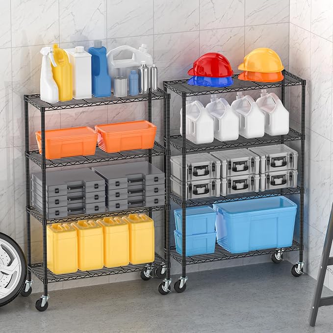Folews 4-Tier Shelving Unit with Wheels, Metal Rolling Storage Shelves | NSF Certified, Adjustable Layer, Steel Wire Shelving Rack for Kitchen Garage Pantry Home Office, Black (14D x 36W x 57H)