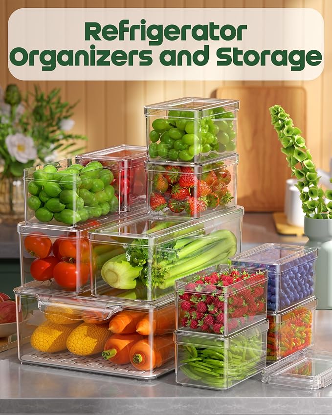 KEMETHY 11 Pack Refrigerator Organizers and Storage, Stackable Fridge Organizer Bins, BPA-Free Clear Plastic Fruit Storage Containers for Fridge, Kitchen, Fruits, Drinks, Produce, Vegetable
