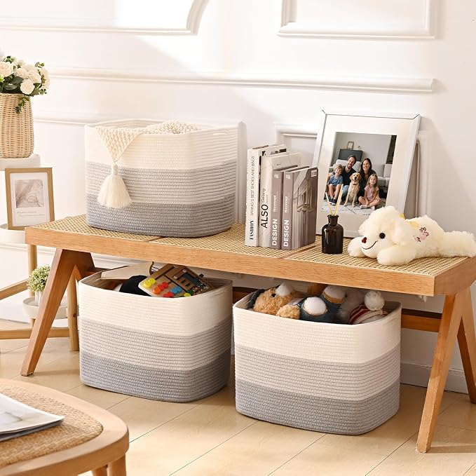 3 Pack Cube Storage Bin, 17”x12”x12” Cotton Rope Woven Baskets for Organizing Toys Clothes Towels, Square Gift Storage Baskets for Shelves, Nursery, Closet, Bathroom, Pantry (Gradient Grey)