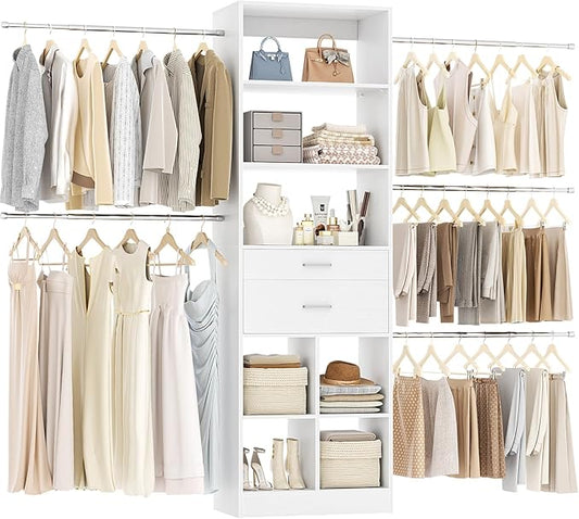 Besiost Closet System, 4-8 FT Closet Organizer Tower with 2 Wooden Drawers and 5 Hanging Rods, Can Fit 60 to 96 inch Walk-in Closet System, White