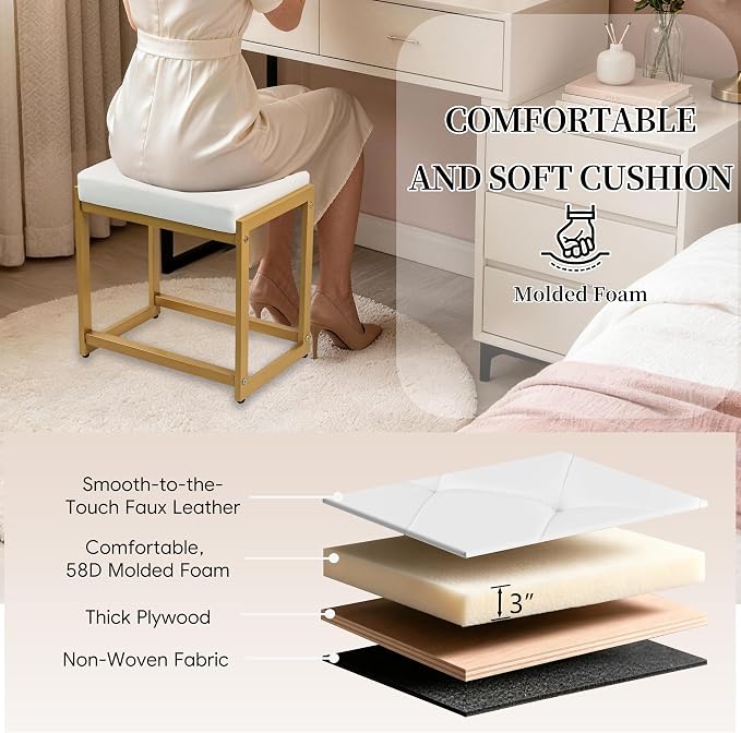 Vanity Stool, Vanity Chair Stools with Reinforced Metal Legs, Faux Leather Upholstered Ottoman Bench for Bedroom, Living Room, Small Modern Makeup Chairs for Dressing Table, White&Gold