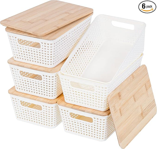 Small Storage Bins with Lids 6 Packs, Plastic Storage Basket with Bamboo Lid for Pantry Organization and Storage Containers for Shelves Drawers Desktop Closet Playroom Office Home, White