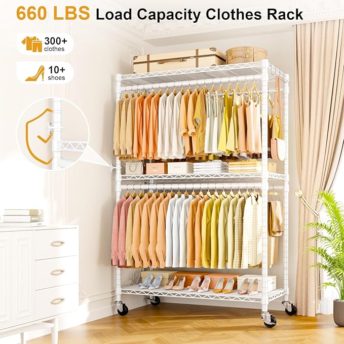 Rolling Clothes Rack, Clothing Racks for Hanging Clothes, White | P5 Plus Heavy Duty Garment Rack with Wheels, 3-Tier Shelves, Portable Closet Racks 45''W × 20.5''D × 80.5''H, Max Load 660Lbs