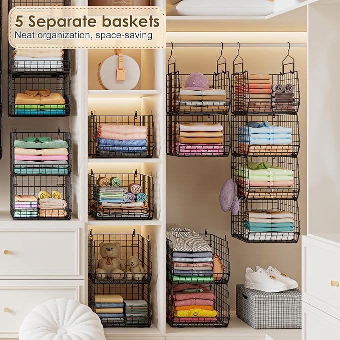 Capacity Upgrade Edition Deeper 4'' 5 Tier Foldable Hanging Closet Organizer and Storage，Wire Cabinet Shelves and Rack with 5 S Hooks,Stackable Metal Basket Bins for Clothes Shoe Purse,Black