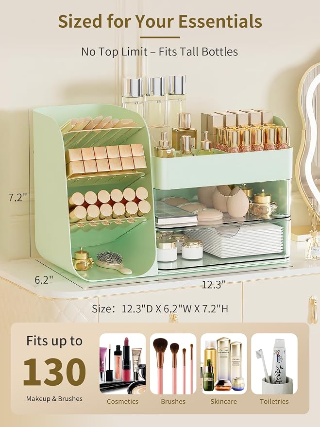 Booklov Small Makeup Organizer for Vanity Countertop, Green | Clear Acrylic Cosmetic Display Case, Beauty Brush Holder for Bathroom Counter, Make Up Skincare Lipsticks Storage