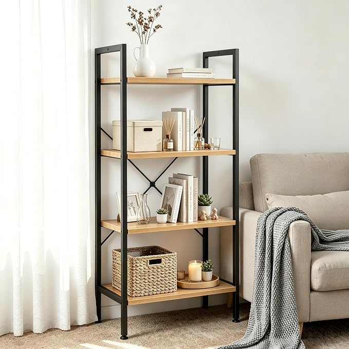 HealSmart 4 Tier Bookshelf, Free Standing Book Shelf Home Office Bookcase Shelf Storage Organizer for Bedroom, Bathroom, Living Room, Office, Balcony, Wood