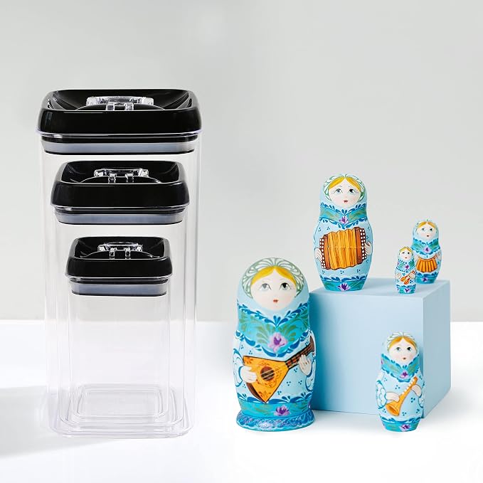 Felli Flip Tite Acrylic Food Storage Container with Lid 6” XL Air Tight Ring Seal Flip Lock, Plastic Kitchen Baking Canister for 5 lb Flour Sugar Rice Protein Powder Pantry Organizer (Nest-L Black)