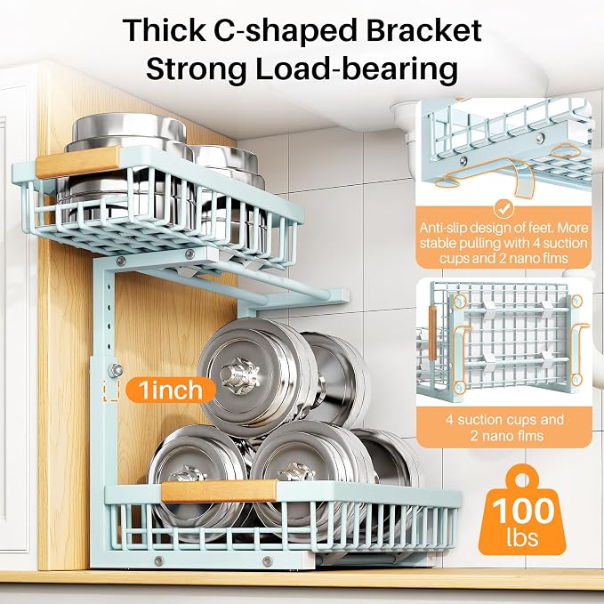 PXRACK Under Sink Organizer, Adjustable Height, 2 Tier Pull Out Under Cabinet Organizer, Slide Out Thickened Metal Under Sink Storage for Kitchen Bathroom Laundry Pantry Cabinet, Blue, Large-1-Pack