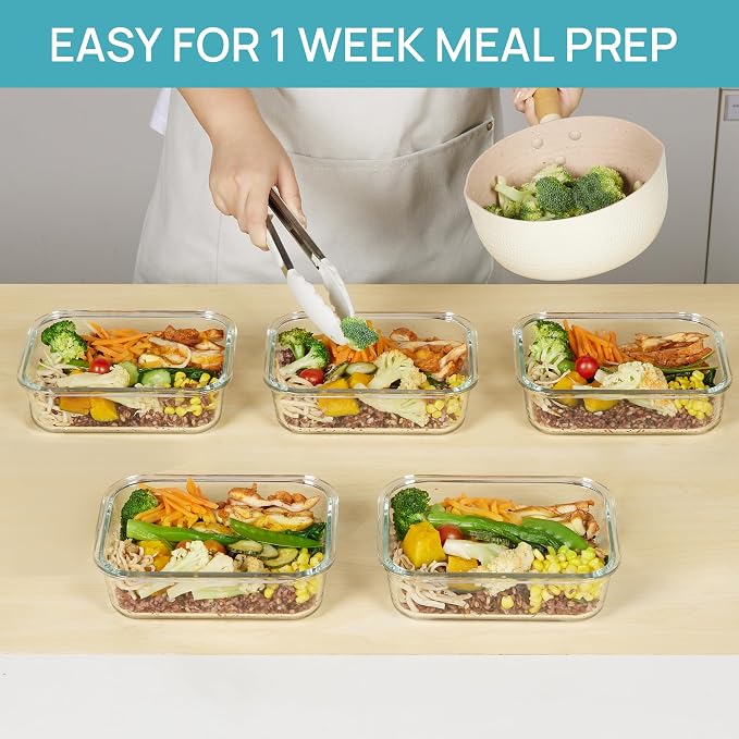 Vtopmart 5 Pack 35oz Glass Food Storage Containers with Lids, Green | Meal Prep Containers, Airtight Reusable Lunch Container Set, Safe for Oven, Microwave, Freezer, and Dishwasher, BPA Free