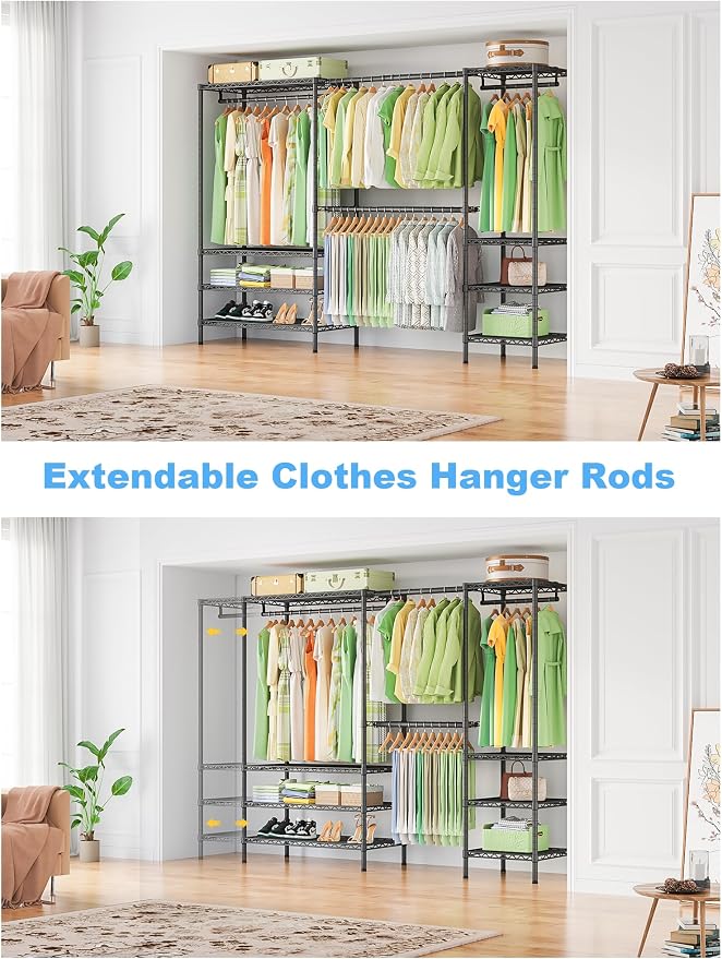 Ulif E11 Heavy-Duty Garment Rack, Metal Clothes Rack, Load 1034lbs, Black | Freestanding Expandable Closet Storage Organizer System with 8 Shelves and 4 Hanger Rods, (73.2-97.6)"W x 14.5"D x 71.2"H