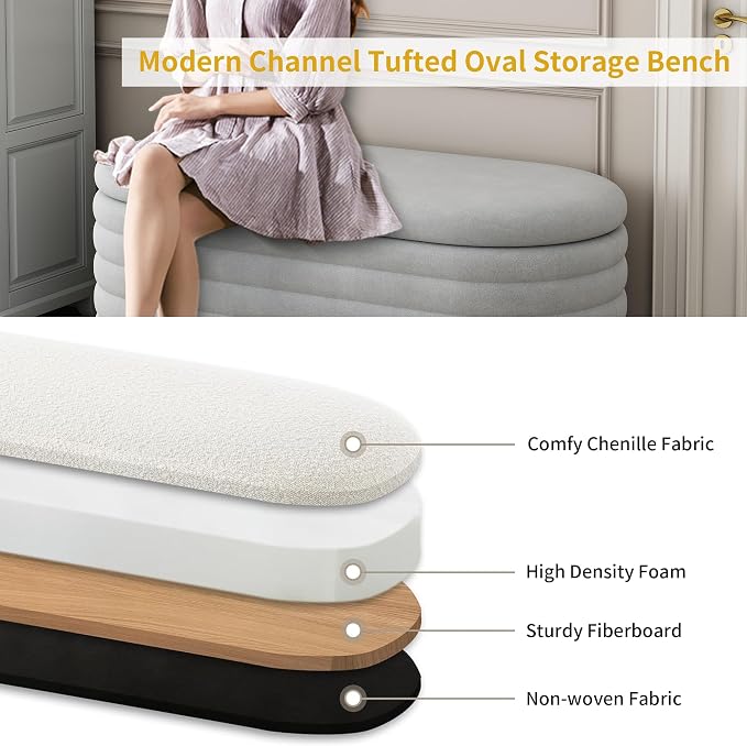 Ball & Cast Storage Ottoman Bench, 40" Chenille Upholstered Storage Bench for Bedroom End of Bed,Oval Ottoman with Storage,Entryway Bench with Safty Hinges for Living Room,Light Grey