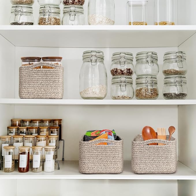 Goodpick 3Pack Rope Storage Baskets for Shelves Organizing, 13 x 8 x 5 in | Woven Baskets for Closet Fit Bedroom Lving Room, Small Baskets for Gift Empty, Dog Toy Basket for Pets, White & Light Gray