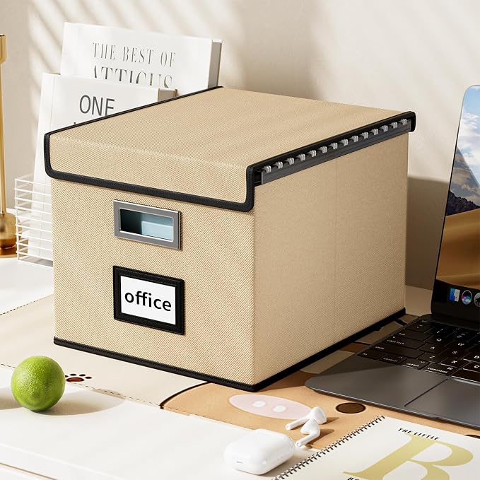 File Organizer Box with Lids, Collapsible File Folder Organizer | File Box with Plastic Slides for Office Document Storage, Filing Bin for Letter Size Hanging File Folders (1 Pack, Brown)