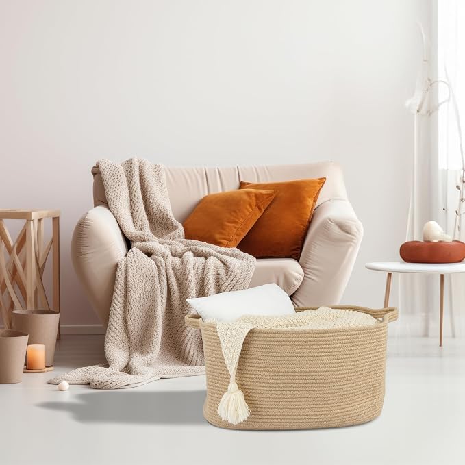 XUANGUO Large Rectangle Woven Jute Rope Storage Basket 22"x17"x12" | Storage basket for living room and nursery; blanket basket, dog toy storage, or laundry basket for clothes and towels.