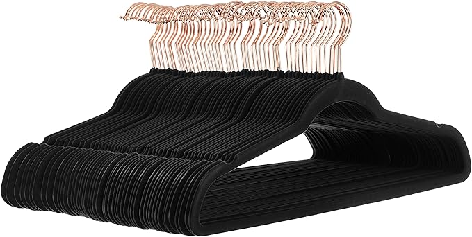 Amazon Basics Slim Velvet Non-Slip Space Saving Suit Clothes Hangers for Closet Organization, Black/Rose Gold, 50-Pack