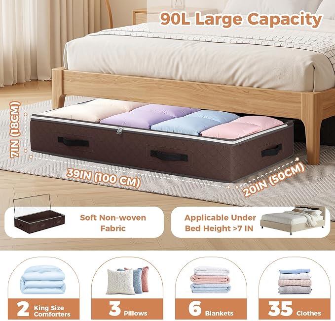 Budding Joy 6 Pack 90L Under bed Storage Containers Brown | Clothes storage bins foldable storage bags with clear window for blanket, comforter, sweaters, pillows, wrapping paper