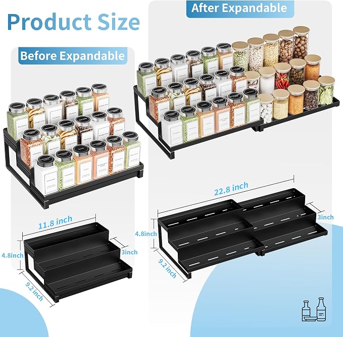 BOIVSHI Spice Rack Organizer for Cabinet, Spices Neatly Organized | Expandable Spice Rack, Metal Spicy Shelf, 3 Tier Seasoning Organizer for Cabinet, Countertop, Pantry, Black