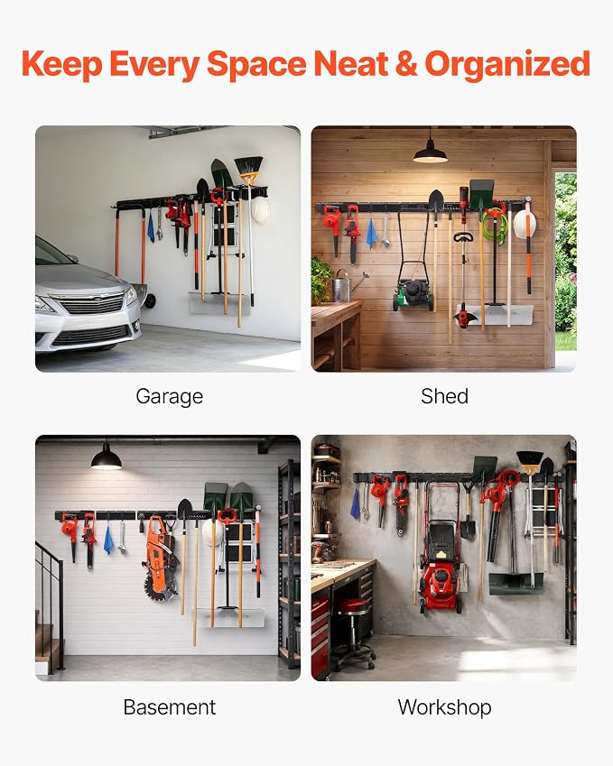 VEVOR Garage Tool Organizer 99 Inch 1200 lbs Wall Mount Garden Tool Rack, Heavy Duty Garage Hanging Storage Rack Organization with 6 Rails and 16 Adjustable Hooks, for Yard Tools, Shovel, Rake, Shed