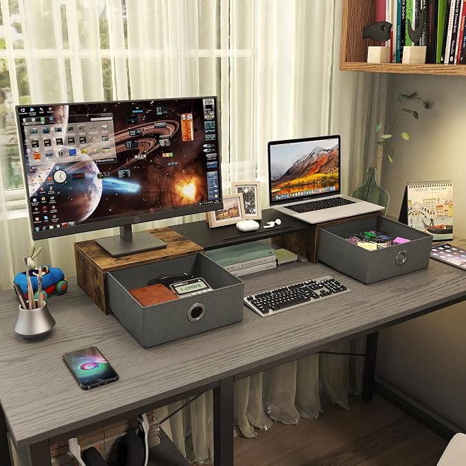 WESTREE Dual Monitor Stand Riser with Two Drawers, Extra Large Storage Monitor Stand for 2 Monitors, Desktop Organizer Stand Storage for Computer,Laptop,Screen,Printer,TV