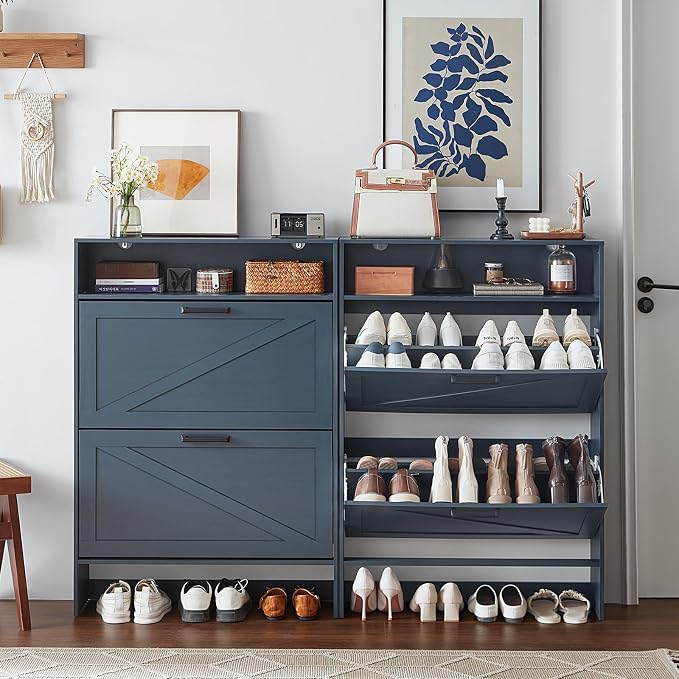 RWYHG Shoe Cabinet Storage for Entryway with 2 Flip Drawers | Open Storage Layer Rack Narrow Organizer Slim Hidden Wood Shoe Cabinet Furniture