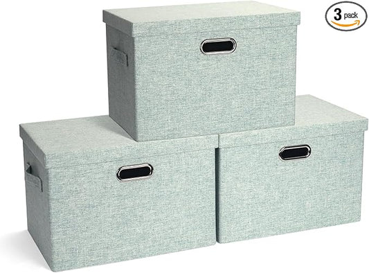 Storage Bins with Lids Fabric Closet Organizers Cubes Office Organization | 36 Quart 3 Pack Light Green Collapsible Stackable Linen Fabric 4 Handles Bedroom Closet Cabinet Under Bed Clothes Toy Office