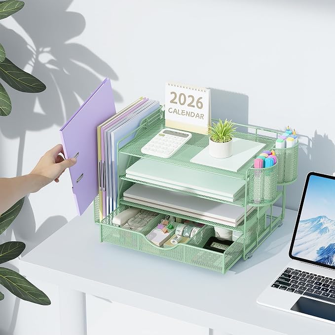 gianotter 4-Tier Desk Organizer with Drawers, File Holders, Letter Trays and Pen Holders - Workspace Accessories for Office Supplies (Sage Green)