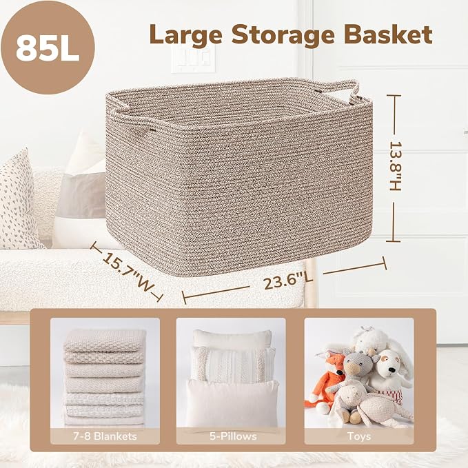 Goodpick Extra Large Woven Blanket Basket, Rectangle Storage, Brown | 85L, 23.6 x 15.7 x 13.8 in, Cotton Rope, Living Room, Bedroom & Nursery Organization, Blankets, Toys & Clothes Storage