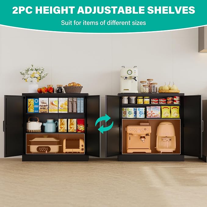 Black Storage Cabinet with Doors and Adjustable Shelves,36" Tall Farmhouse Food Pantry Cabinets,Small Sideboard Cabinet,Short Metal Storage Cabinets for Home Kitchen,Dining/Living/Laundry/Room