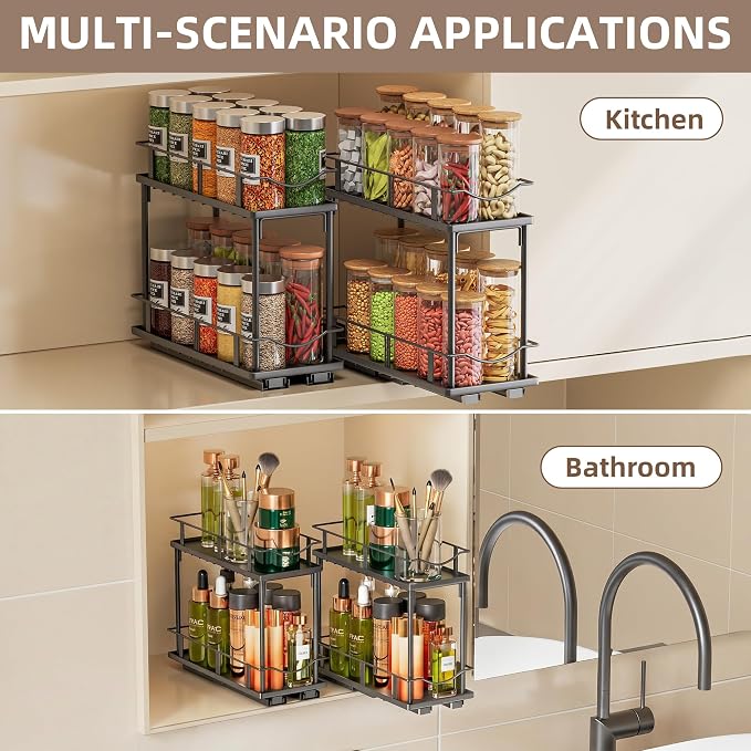 1 Packs Pull Out Spice Rack Organizer for Cabinet, 2-Tier Slide Out Seasoning Organizer, Narrow Cabinet Spice Rack, 10.7" Dx4.8 Wx8.85 H, Full Extension Ball Bearing Glides, Kitchen Pantry Organizer