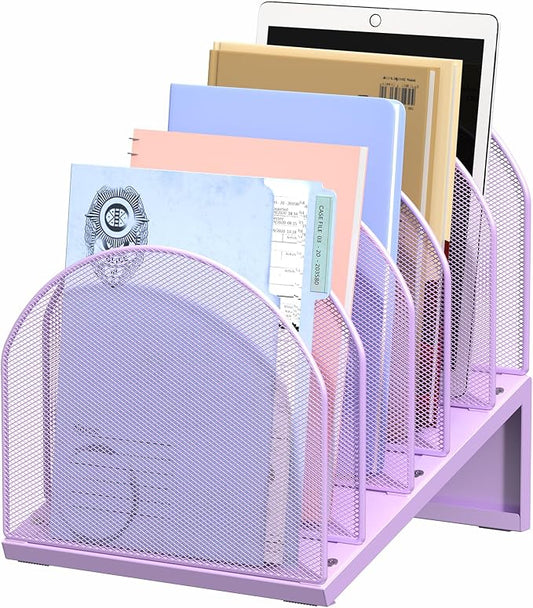 5-Section Desk File Organizer | Metal Mesh Folder Organizer for Documents, Mail & Office Papers (Purple)