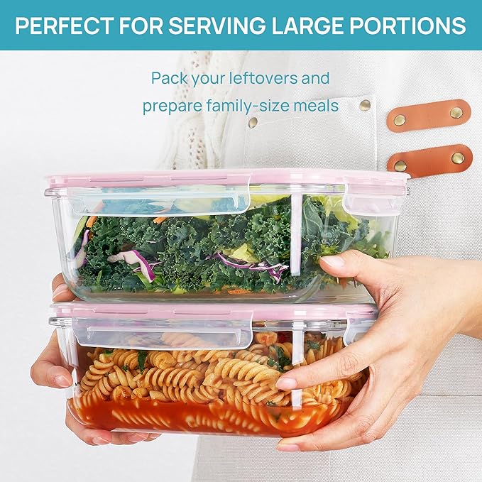 Vtopmart 2Pack 1860ml/63oz Large Glass Storage Containers With Lids, Pink | Meal Prep Food Container Set with Snap Airtight Lid, For Baking, Microwave, Oven, Leak Proof, Freezer, Dishwasher, BPA Free