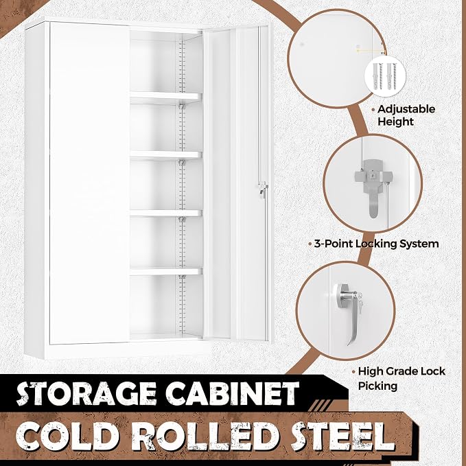 INTERGREAT Metal Lockable Storage Cabinet, 72” H Storage Cabinet with 2 Doors and 4 Adjustable Shelves for Office, Home, Garage, Pantry (Assembly Required, 18”D, White)