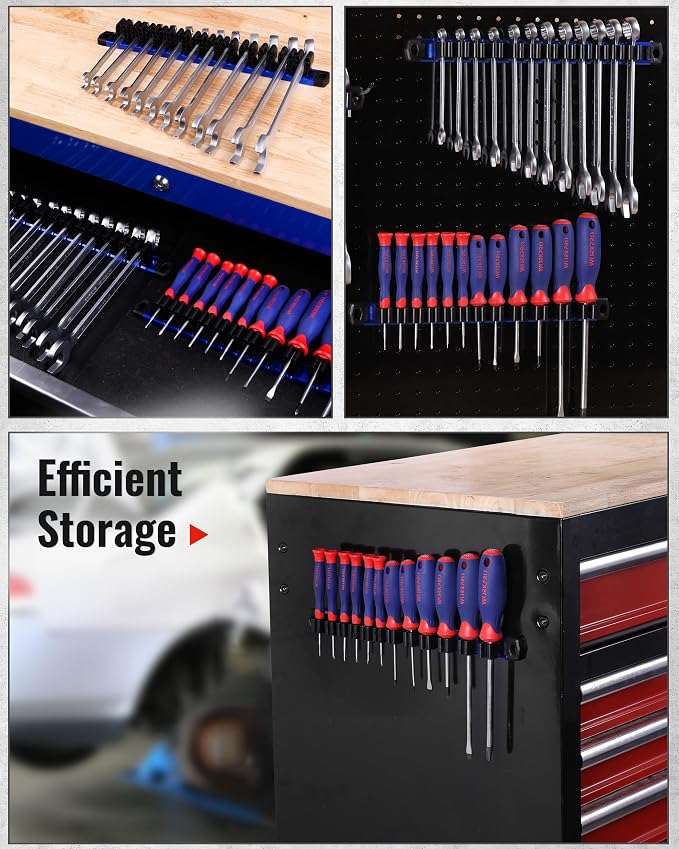 WORKPRO Magnetic Screwdriver and Wrench Organizer Set, 36-Slot Tool Holders | 3-Pack Aluminum Rails, Magnetic Force, Flexible High-Tension Tool Clips, For Tool Box Drawer & Wall-Mount Storage