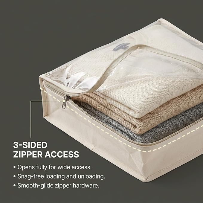Household Essentials Canvas Sweater Storage Bags 2 Pack, Breathable Under Bed & Closet Organizer with Clear Window & Zipper, Soft-Sided Storage for Sweaters, Blankets & Linens