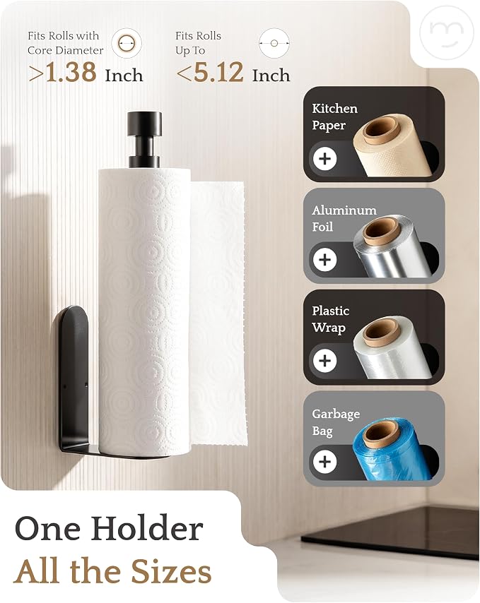 Paper Towel Holder Under Cabinet Adhesive or Drilling Matte Black | Drill Wall Mount or Adhesive, Easy Roll Loading, Heavy Duty, Stainless Steel Paper Towel Roll Rack for Kitchen, Bathroom