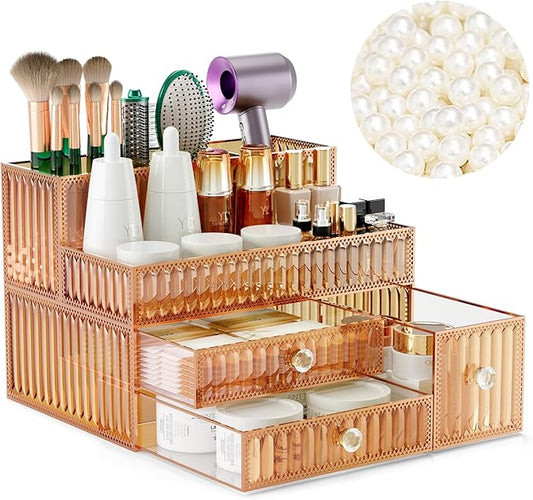 Youdepot Golden Tempered Glass Vanity Organizer for Cosmetics | Makeup Organizer, Skincare, Hair Tools, Brushes, Perfume, Multipurpose Bathroom Counter Skincare Organizer