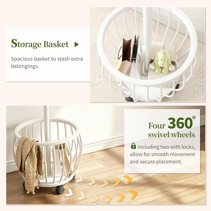 Coat Rack Freestanding Coat Stand with Basket 6 Hooks Wheels,White | Metal Coat Rack Stand Coat Tree for Home Entryway Bedroom Living Room Office Corner Modern Organizer for Scarf Jacket Hat Bag