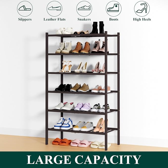 Smiry Bamboo Shoe Rack, 14 Vertical Slats, 6 Tier - 26.8" Wide, Brown | Stackable Free Standing Wooden Shoe Organizer, Wood Shoe Storage Shelf for Closet, Entryway, Thicher Leg