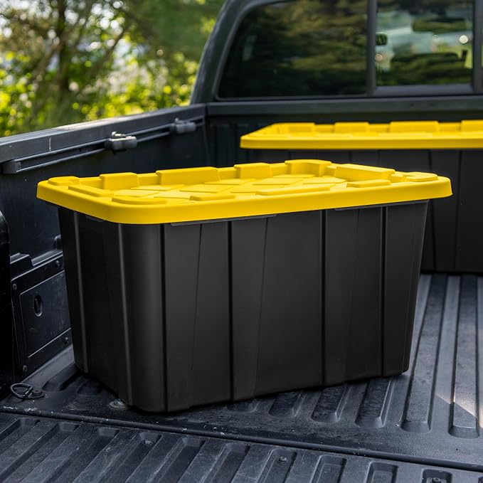 Sterilite Industrial Storage Tote with Lids for Garage, 27 Gallon, 12-Pack | Heavy-Duty and Stackable Utility Box Containers for Home, Office, and Basement Organization, Black/Yellow