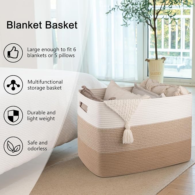 OIAHOMY 108L Super Large Blanket Basket, 25”x16”x16” Rectangle Woven Baskets for Storage, Cotton Rope Basket For Living Room, Toy Storage with Handle- Gradient Light Brown