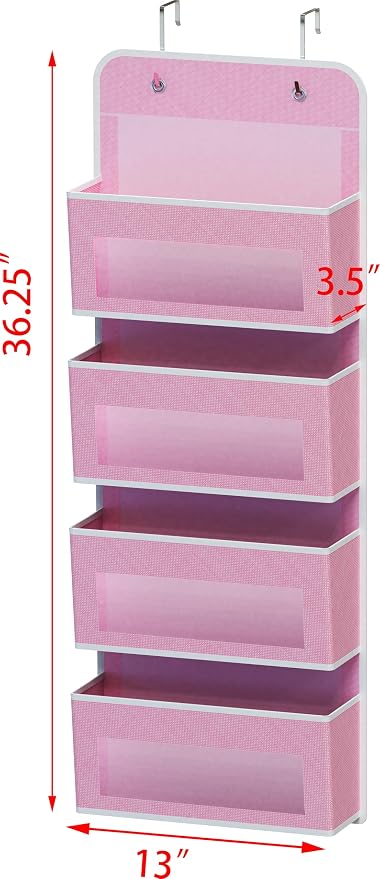 Simple Houseware 4 Clear Window Pocket Over Door Hanging Organizer, Pink | Over the Door Storage for Closet, Bedroom, Bathroom, Pantry